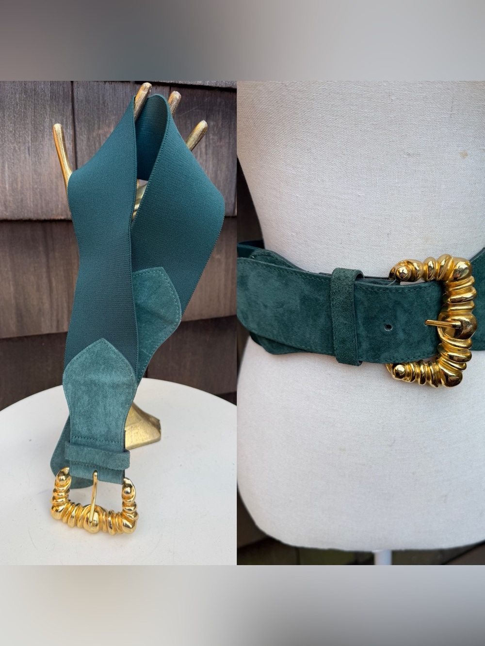 Vintage forest green suede waist belt elastic & leather gold buckle Sz M Express